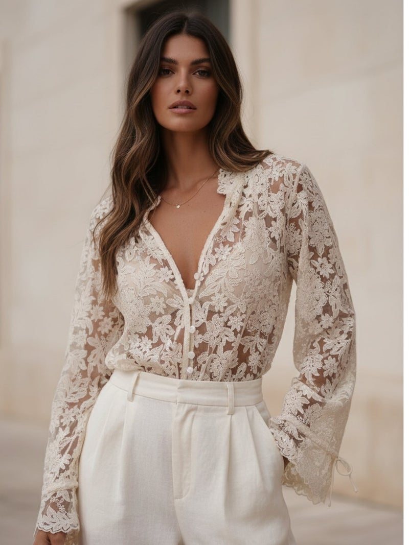 OUTZIDR Cream Bell Sleeve Textured V Neck Mesh Top - Image 1